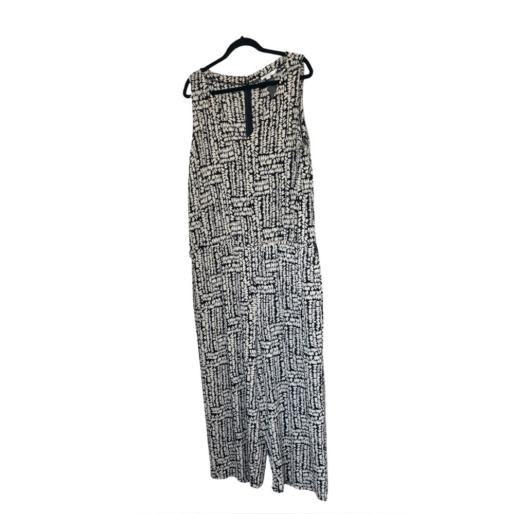 Chicos V Neck Jumpsuit Blue Cream Abstract Print Sleeveless Size 4 Womens XXL